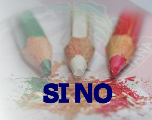 Logo dei Referendum popolari abrogativi con tre matite di colori diversi e le diciture si e no